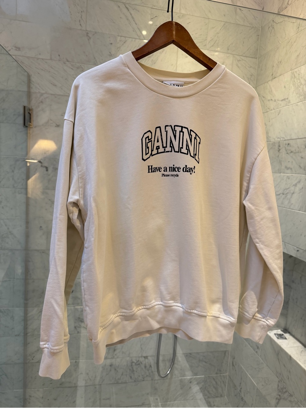 Ganni Cream Crewneck with Black Arched Logo